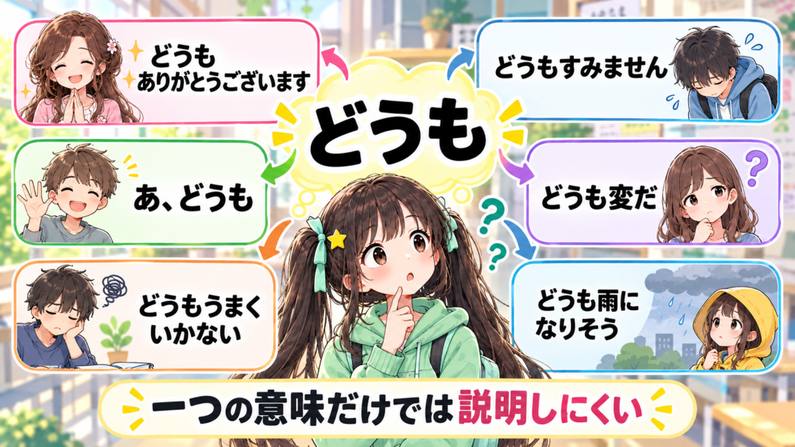 「どうも」が感謝、謝罪、あいさつ、判断、失敗、推測など複数の場面で使われることを示す図