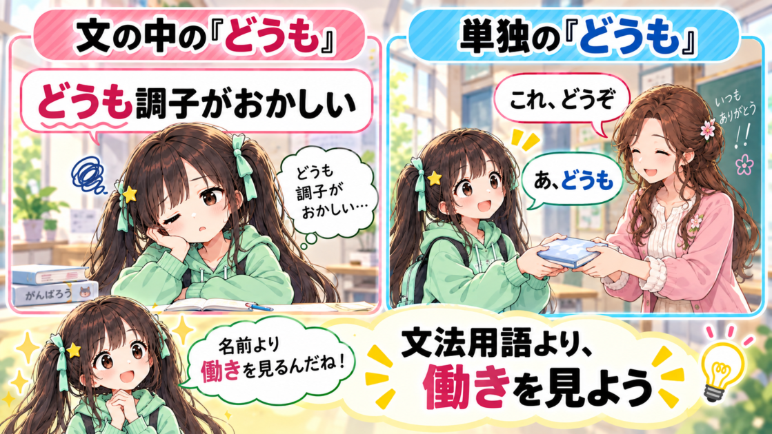 文の中で使う「どうも」と単独で受け答えに使う「どうも」を比べる図