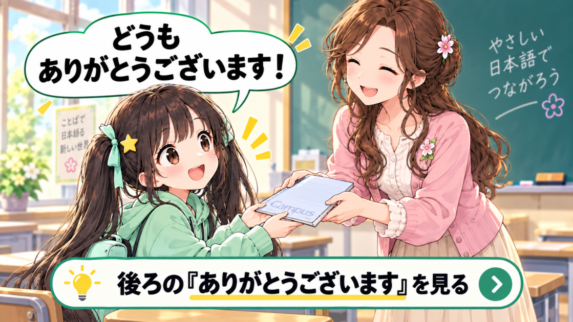 ノートを拾ってもらい「どうもありがとうございます」と感謝するもこコトネ