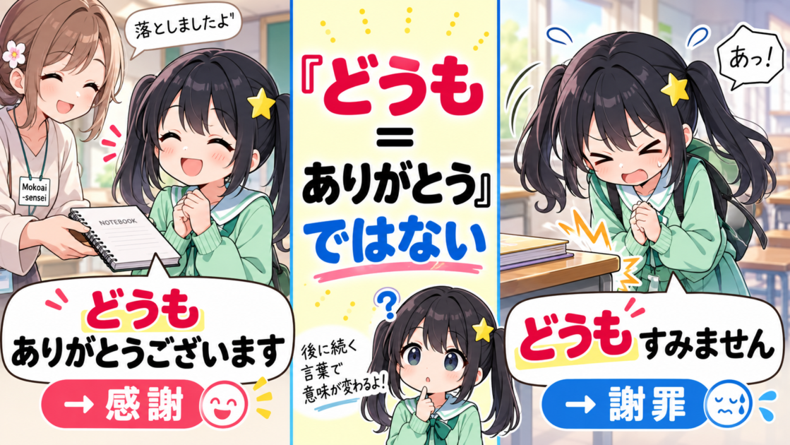 「どうもありがとうございます」と「どうもすみません」を比べ、「どうも」が感謝だけの意味ではないことを示す図