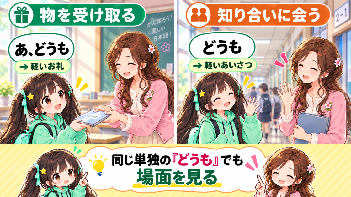 単独の「どうも」が軽いお礼にもあいさつにもなることを場面で比べる図