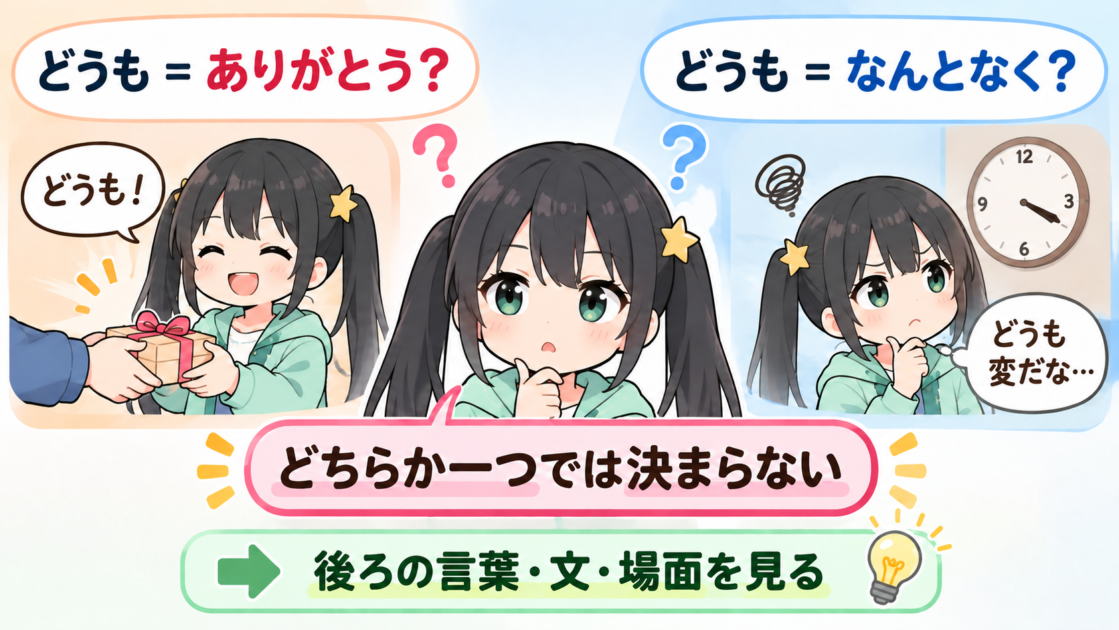 「どうも」を「ありがとう」や「なんとなく」の一つだけに決められないことを示す図