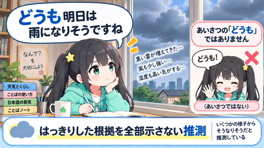 曇り空を見て「どうも明日は雨になりそう」と推測するもこコトネ