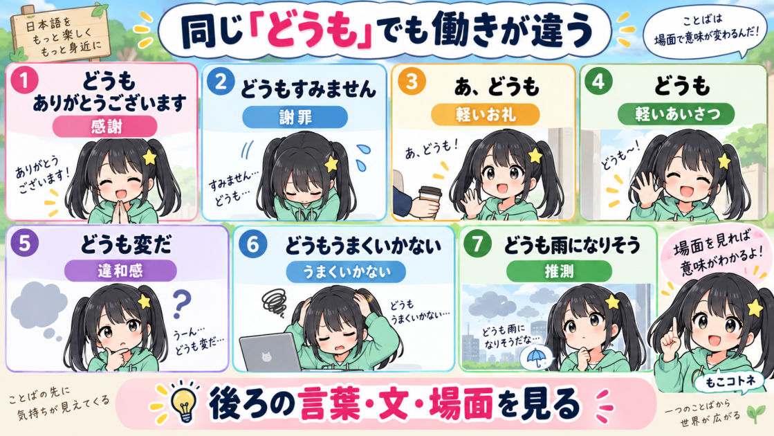 「どうも」の7つの代表的な使われ方を一枚にまとめた比較図