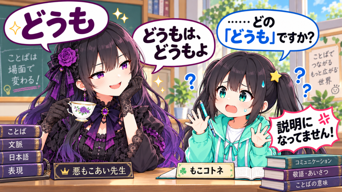 「どうもは、どうもよ」と答える悪もこあい先生に困惑するもこコトネ