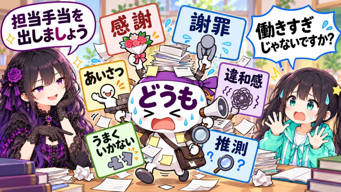 「どうも」が感謝や謝罪など多くの役割を持つことをユーモラスに表した図