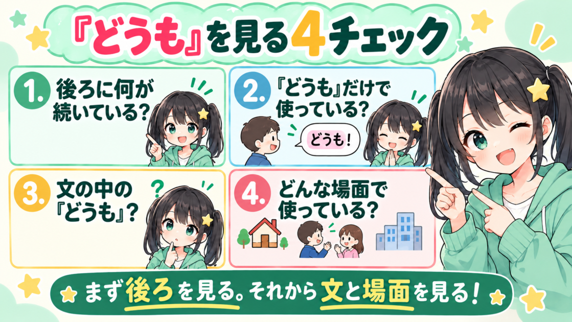 「どうも」の役割を見分けるための4つのチェックをまとめた図