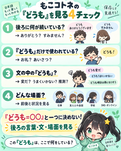 「どうも」の役割を後ろの言葉、文、場面から考える4チェック