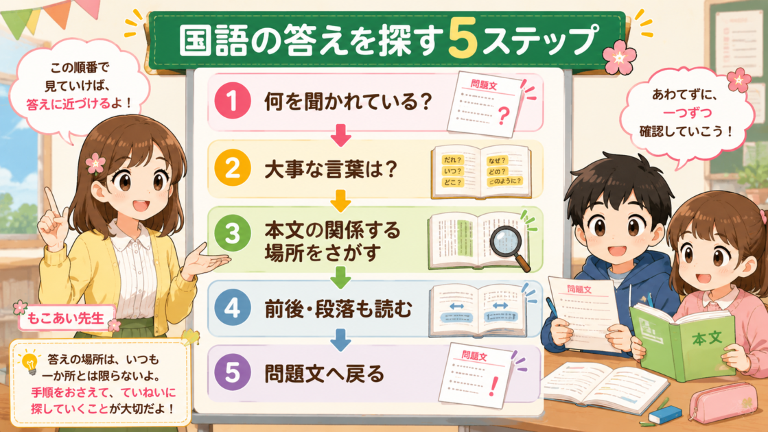 小学生が国語の答えを探すための、問題文確認から本文を読み直すまでの5ステップ