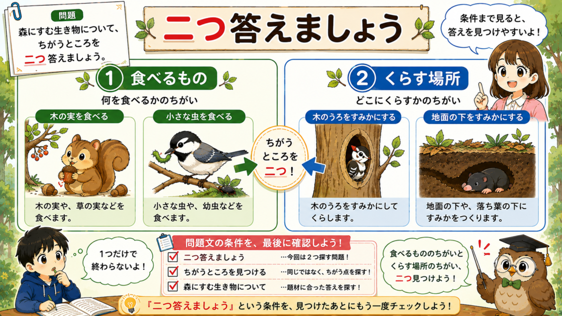 森の生き物について、食べるものとくらす場所という二つの違いを本文から探す説明文の例