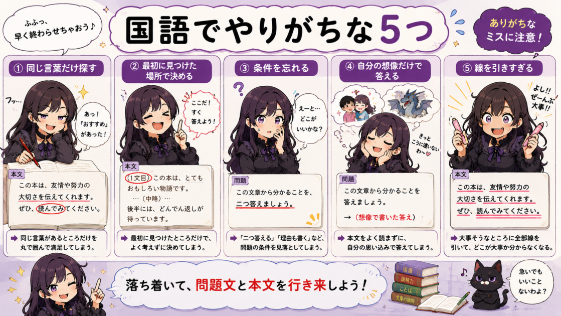 悪もこあい先生が、同じ言葉だけ探す、問題の条件を忘れるなど国語でありがちな5つの間違いを実演する挿絵