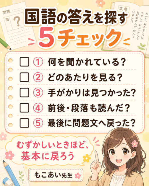 国語の問題で答えを探すときに確認する、質問内容、本文の場所、手がかり、前後の文、問題文への戻りの5チェック