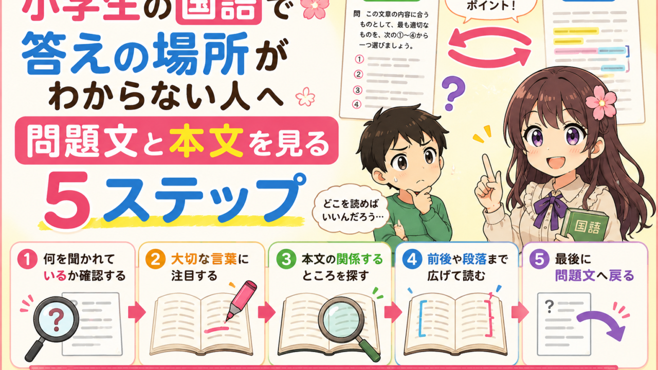 小学生が国語の問題で答えの場所を探すために、問題文と本文を行き来しながら5ステップで手がかりを見つける方法