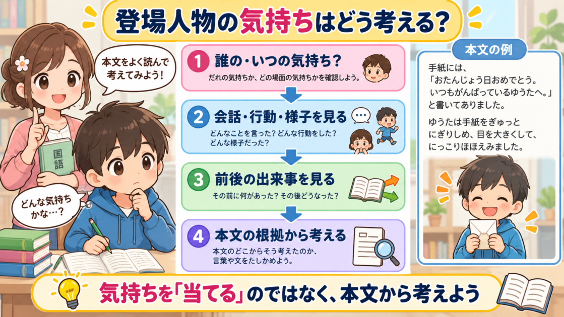 登場人物の気持ちを、誰のいつの気持ちか確認し、会話・行動・様子や前後の出来事から本文を根拠に考える基本ルート