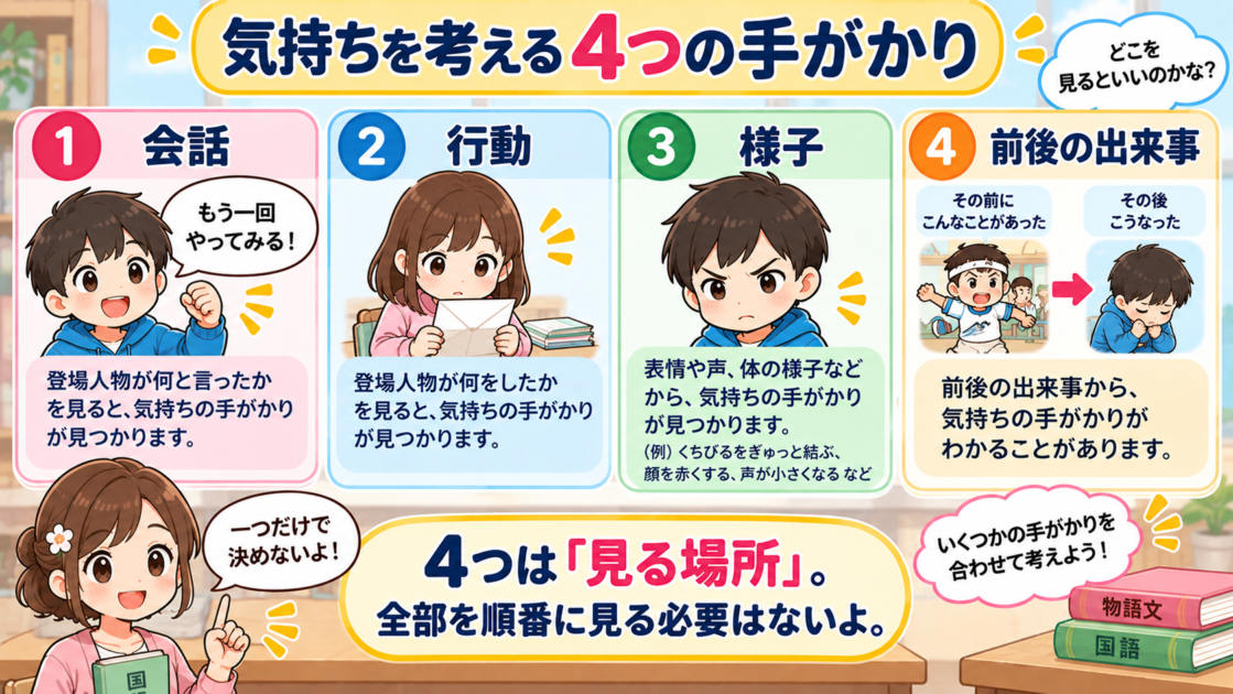 登場人物の気持ちを考えるときに見る、会話、行動、様子、前後の出来事の4つの手がかり