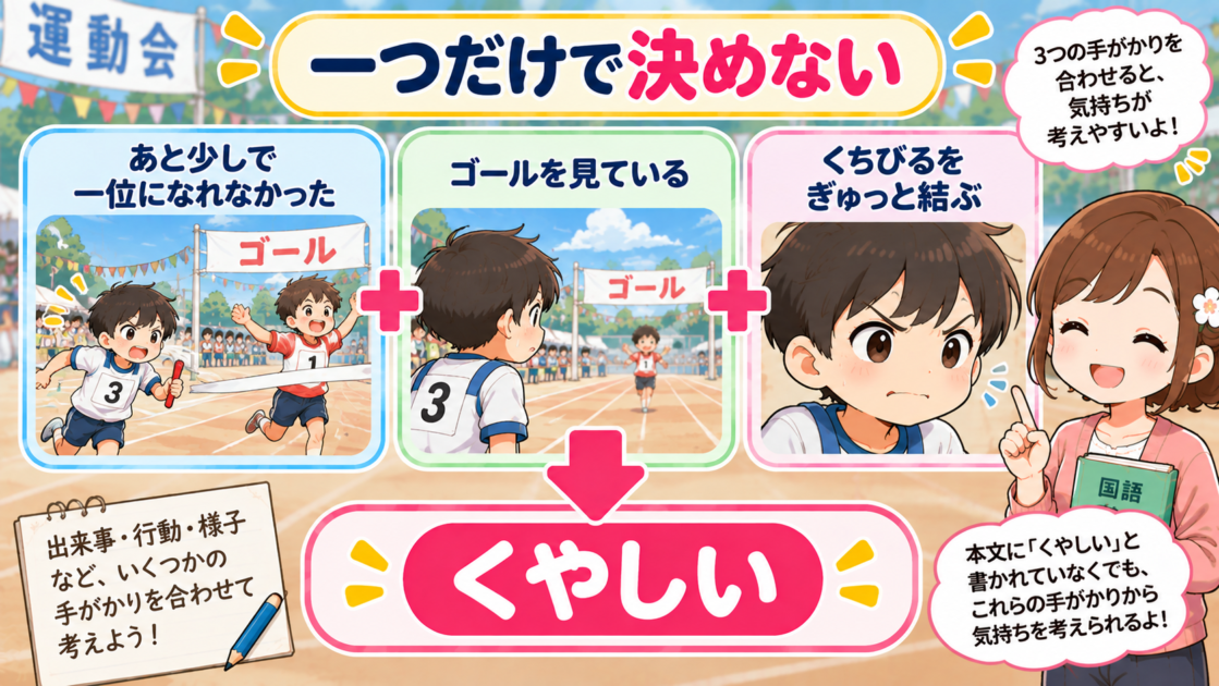 あと少しで一位になれず、ゴールを見つめ、くちびるを結ぶ健太の複数の手がかりから、くやしい気持ちを考える図