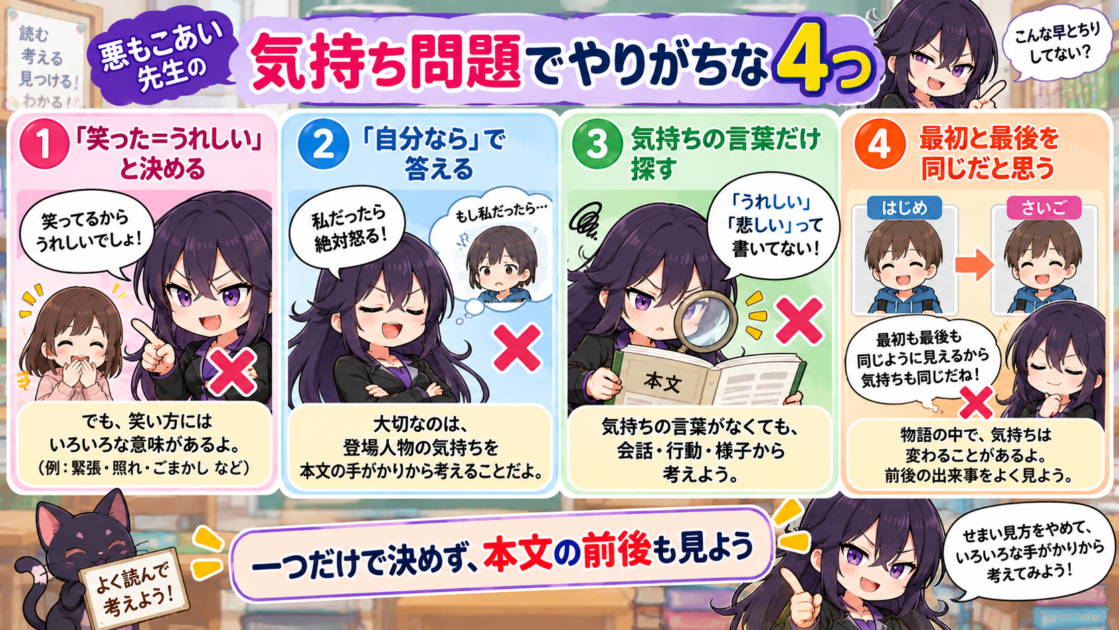 悪もこあい先生が、行動だけで決める、自分の想像で答える、気持ちの言葉だけ探す、気持ちの変化を見ないという4つの間違いを実演する挿絵
