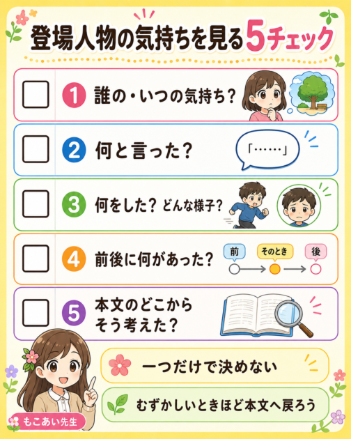 登場人物の気持ちを考えるときに、人物と場面、会話、行動や様子、前後の出来事、本文の根拠を確認する5チェック