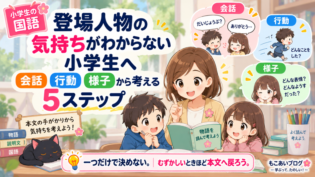 登場人物の気持ちがわからない小学生向けに、会話・行動・様子など本文の手がかりから気持ちを考える5ステップを示したアイキャッチ