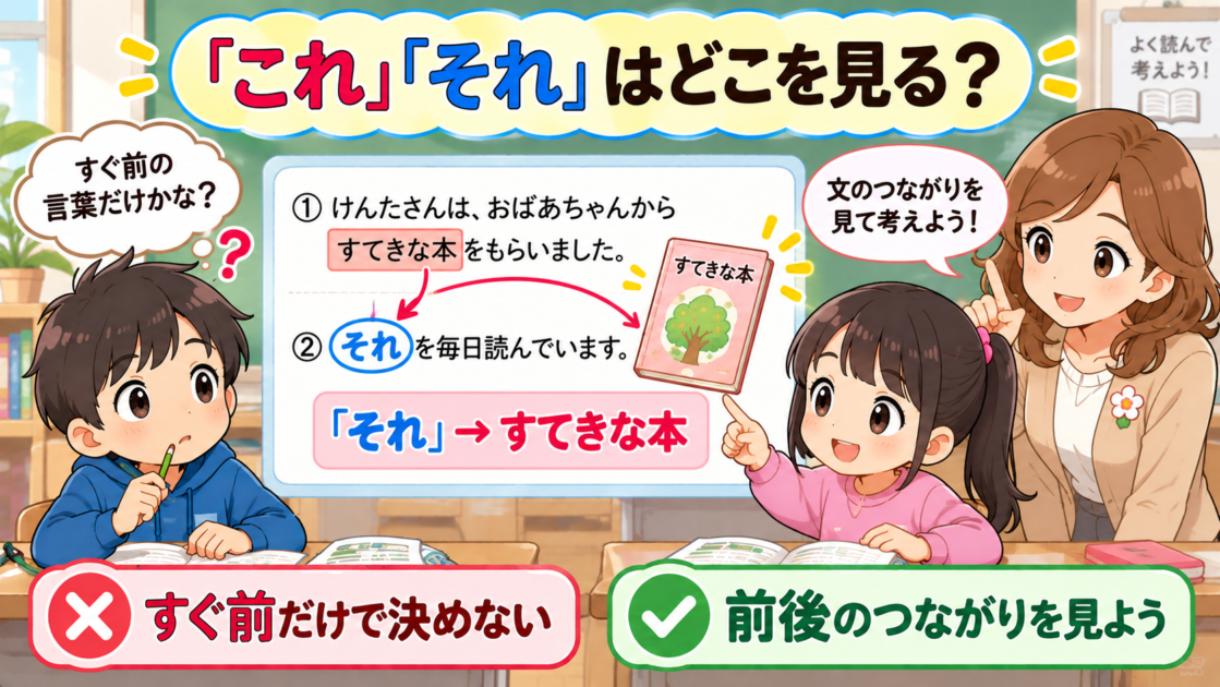 「これ」「それ」をすぐ前の言葉だけで決めず、文章の前後を見る健太と恵子