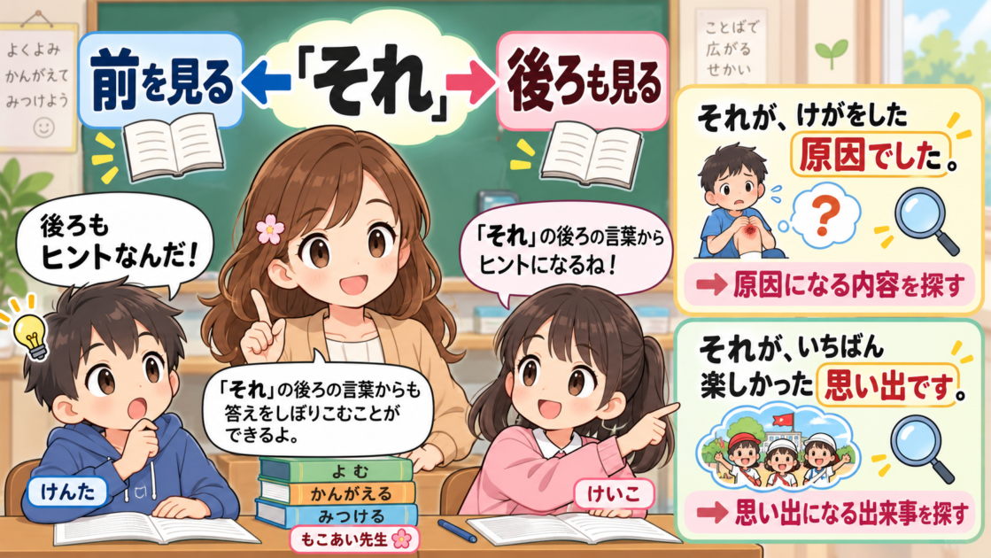 「それ」の前だけでなく「原因」「思い出」など後ろの言葉も手がかりにする図