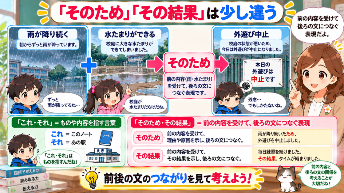 「そのため」が前の内容全体を受けて後ろの文につなぐことを示した図