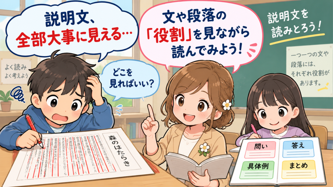 説明文のほとんど全部に線を引いてしまい、どこが大事か迷う健太ともこあい先生
