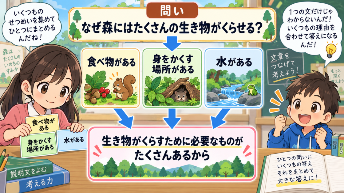 一つの問いに対して複数の説明をまとめて答えを考える図
