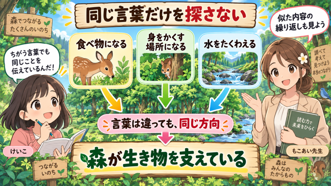 違う表現でも「森が生き物を支える」という同じ方向の内容につながることを示した図