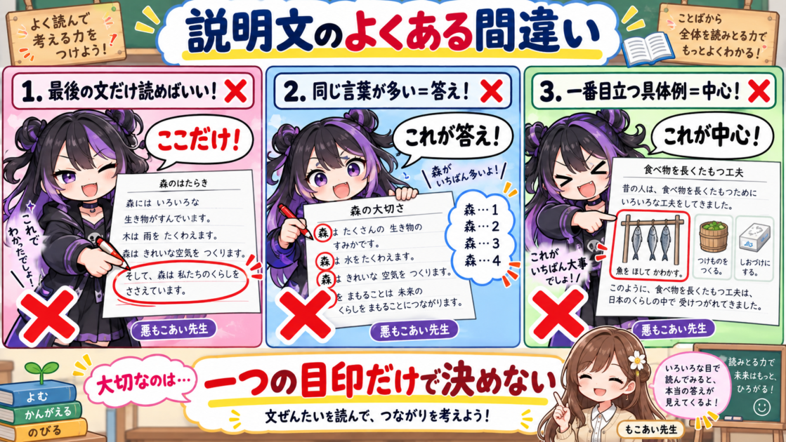 説明文で起こりやすい三つの間違いを悪もこあい先生が実演する図