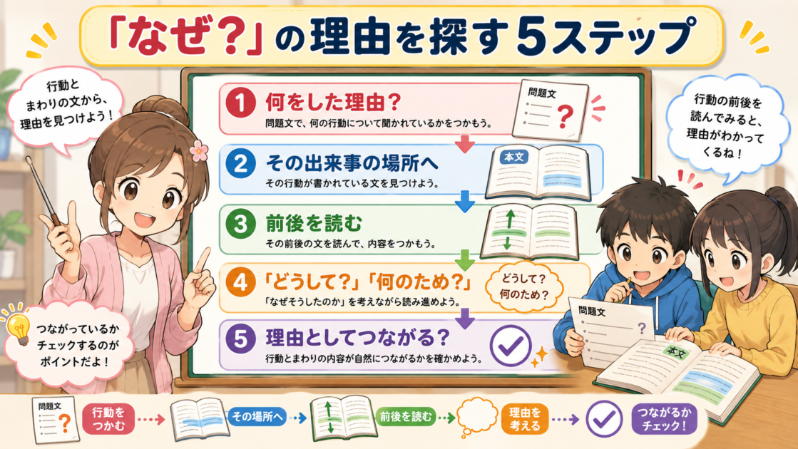 小学生が国語の「なぜですか」の理由を探すために、出来事の場所や前後を確認する5ステップ