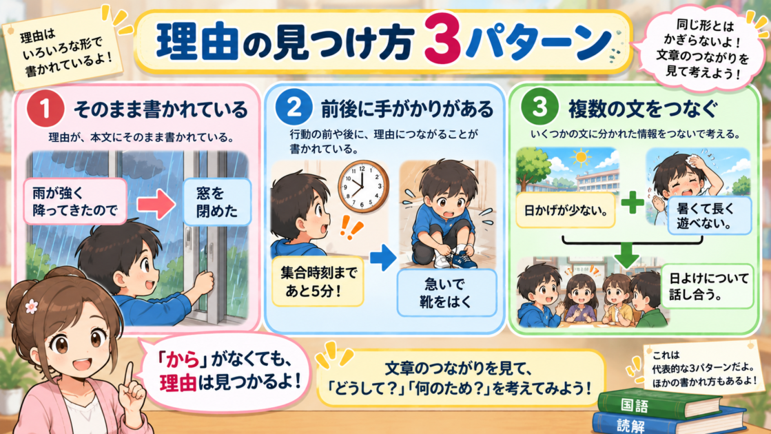国語の「なぜですか」の理由を、そのまま書かれた文、前後の手がかり、複数の文から探す3つの代表例