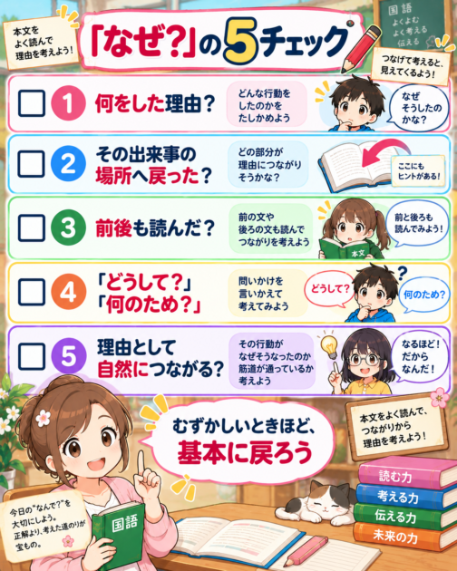 国語の「なぜですか」で理由を探すときに確認する、出来事、前後の文、理由の手がかり、問題とのつながりの5チェック