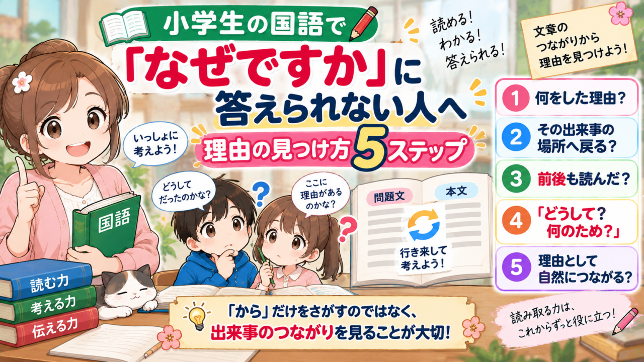 小学生が国語の「なぜですか」に答えるために、出来事の前後や文章のつながりから理由を見つける5ステップ