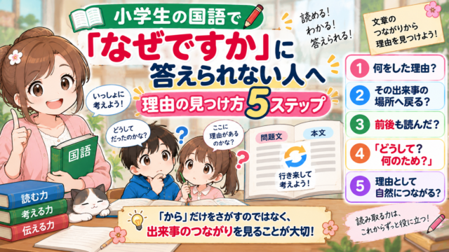 小学生が国語の「なぜですか」に答えるために、出来事の前後や文章のつながりから理由を見つける5ステップ