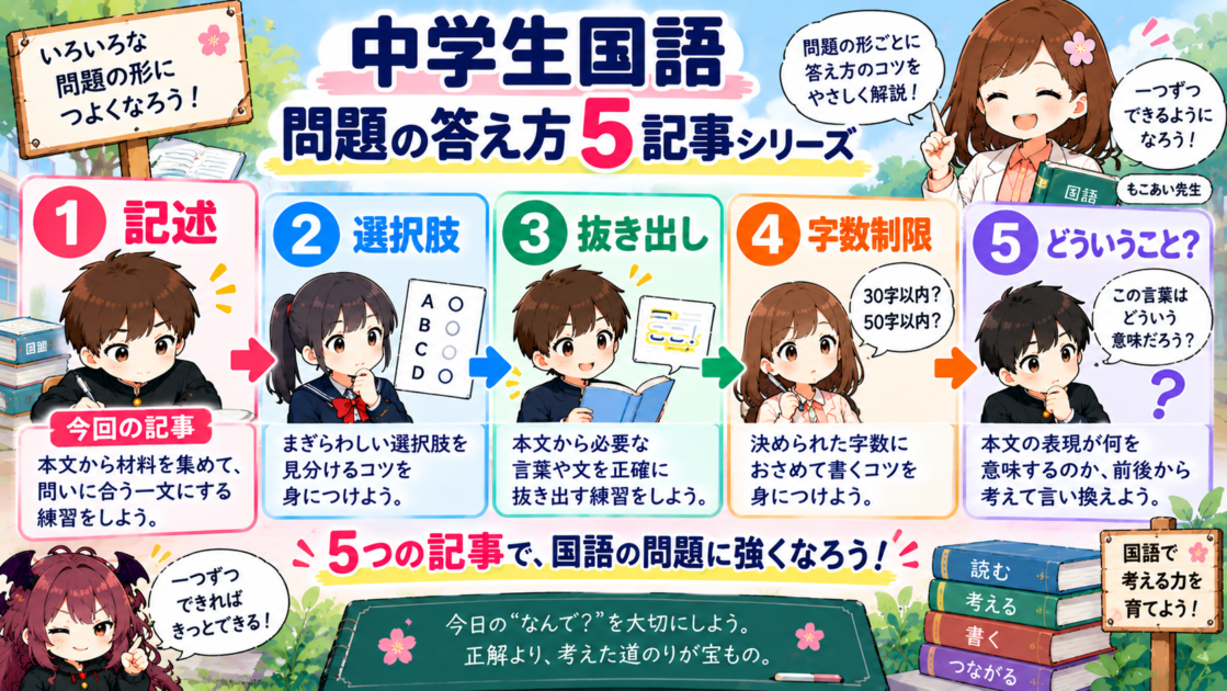 記述、選択肢、抜き出し、字数制限、どういうことの5記事で学ぶ中学生国語シリーズ