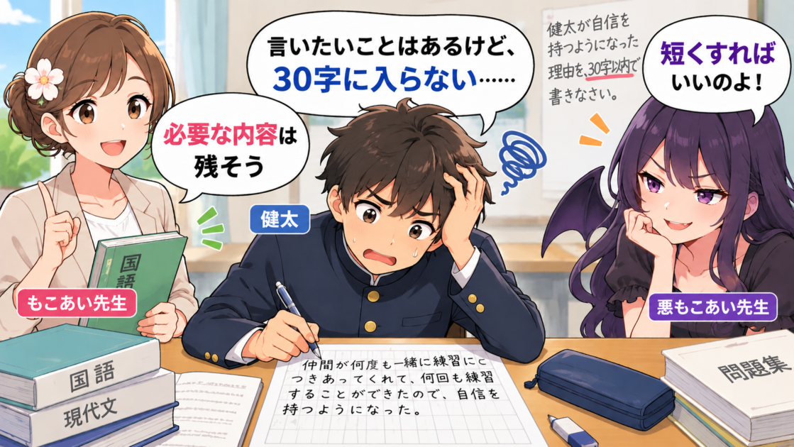国語の字数制限問題で、30字以内にまとめられず困っている健太