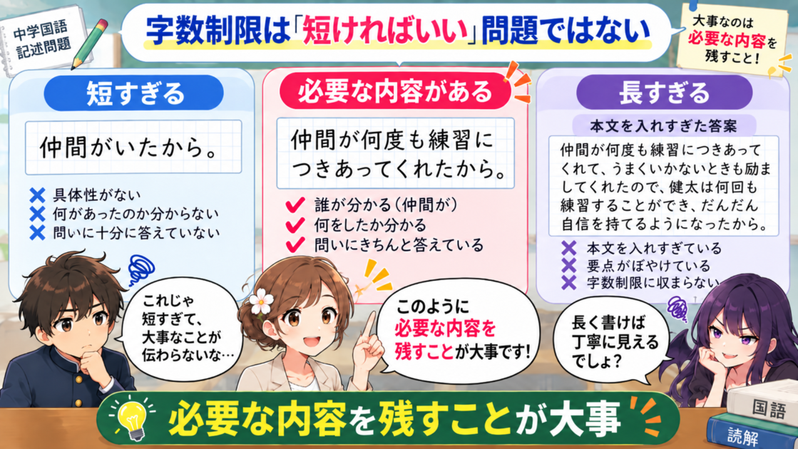 短すぎる答案、必要な内容が入った答案、長すぎる答案を比較した図
