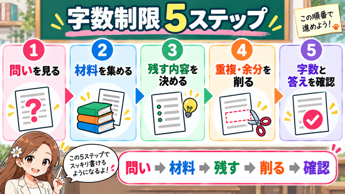 字数制限の記述問題を解くための5ステップを示したロードマップ
