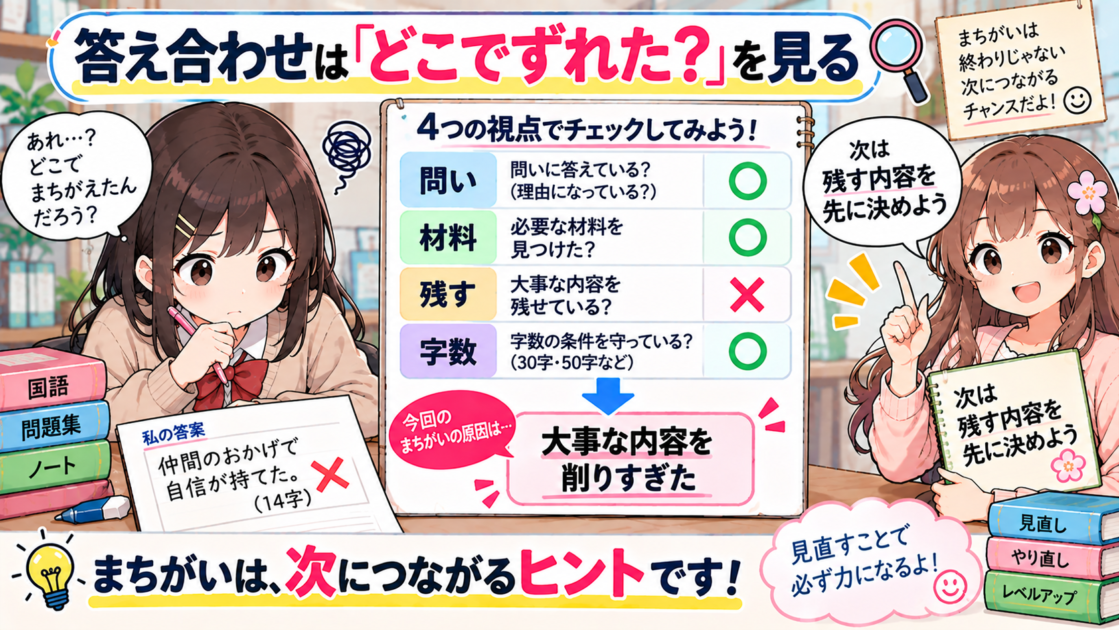 字数制限問題の不正解を、問い・材料・残す・字数に分けて振り返る復習図
