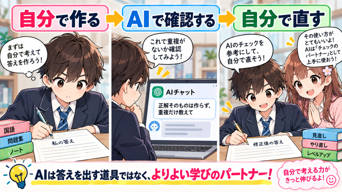字数制限問題で、自分で答案を作り、AIで確認してから自分で直す流れを示した図