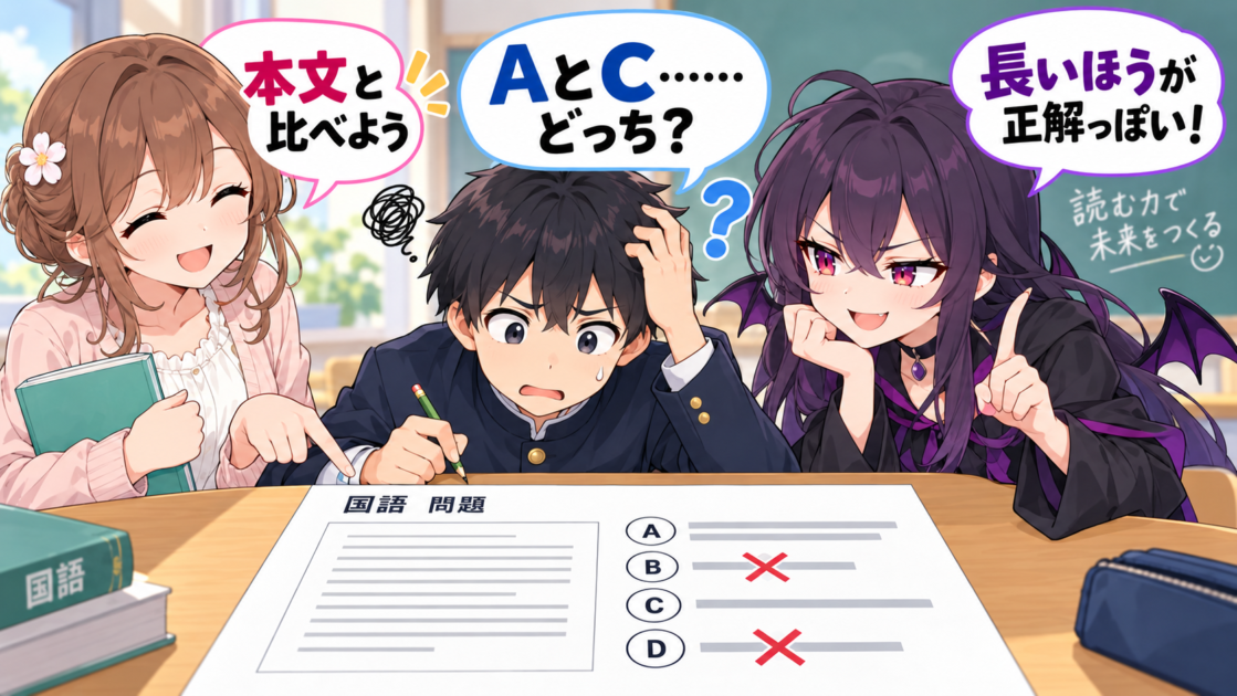 国語の選択肢問題でAとCの最後の2択に迷う健太と、本文と比べるよう助言するもこあい先生