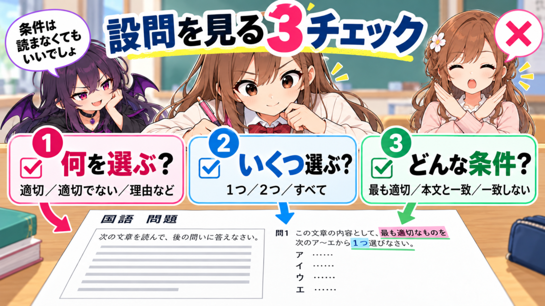 国語の選択肢問題で何を選ぶか、個数、条件の3点を確認する図