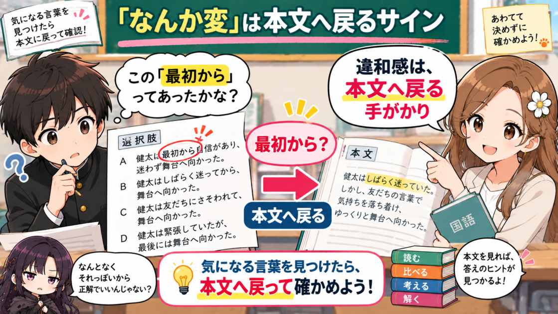選択肢の気になる一語を手がかりに本文へ戻って確認する健太ともこあい先生