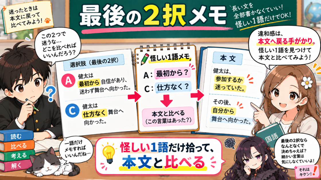 最後の2択で怪しい一語だけをメモし、本文と比べて判断する方法を示した図