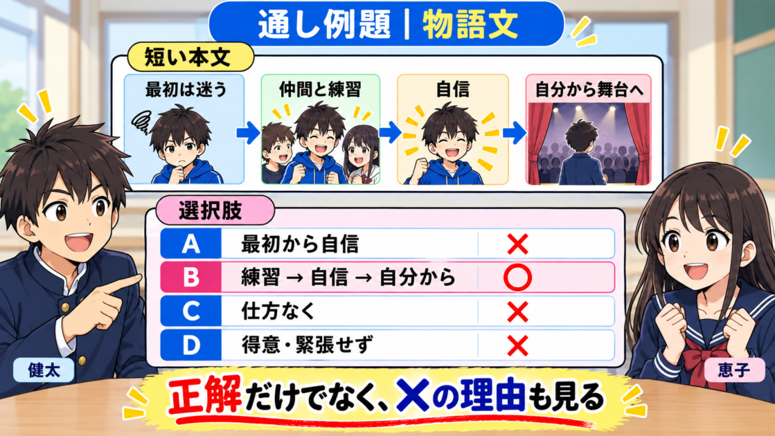 物語文の本文と4つの選択肢を比べ、本文とのずれから正解を選ぶ通し例題の図
