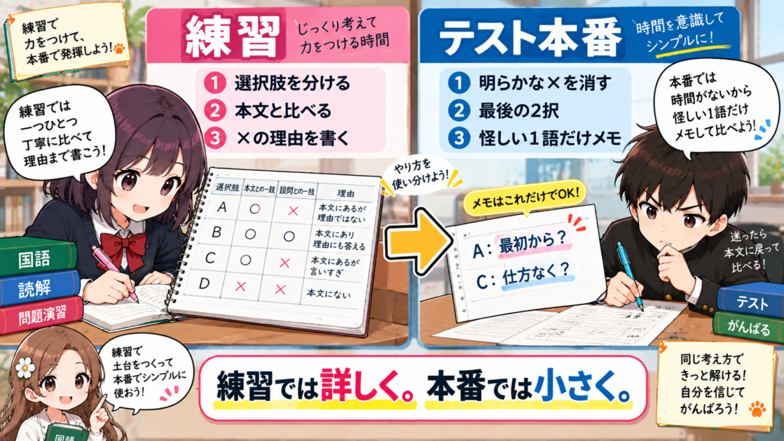普段の練習では詳しく比較し、テスト本番では短いメモで確認する使い分けの図