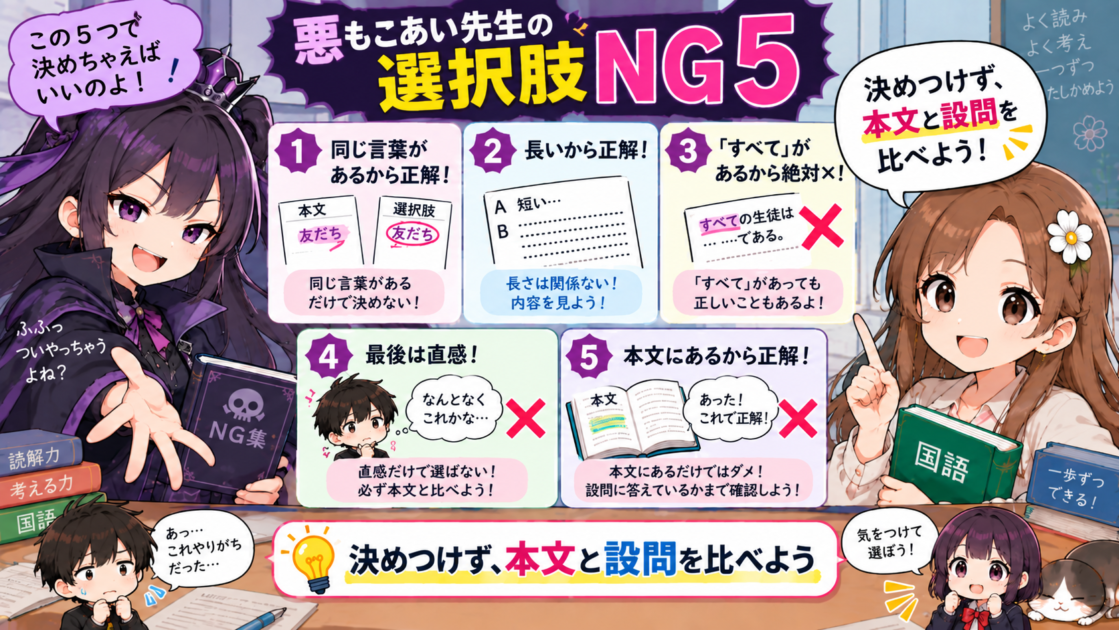 選択肢問題で避けたい5つの決めつけを悪もこあい先生が示し、もこあい先生が正しい考え方を案内する図