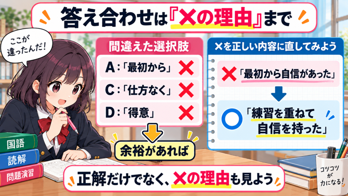 選択肢問題の答え合わせで、不正解だった選択肢のどの言葉が本文と違ったか確認する図