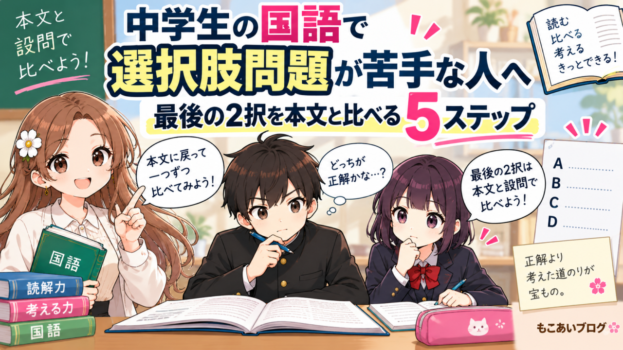 中学生の国語の選択肢問題で、最後の2択を本文と設問に戻って比べる5ステップを示したアイキャッチ画像